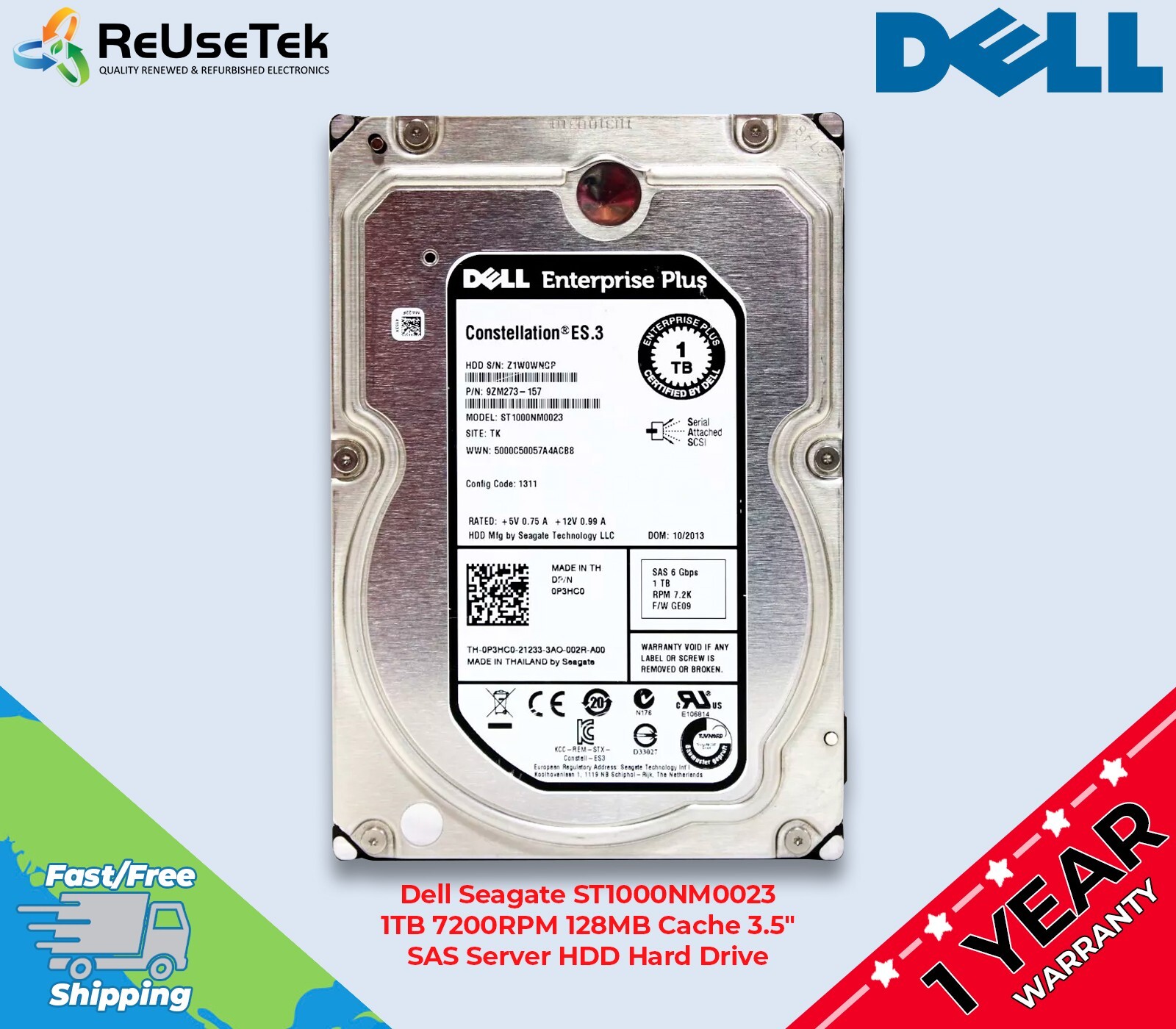 Dell Seagate ST1000NM0023 1TB 7200RPM 128MB Cache 3.5" SAS Server HDD Hard Drive