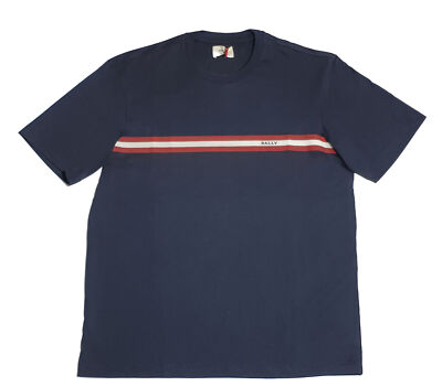 Bally 6233735 Men's Navy Blue 100% Cotton Striped Logo T-Shirt MSRP $300