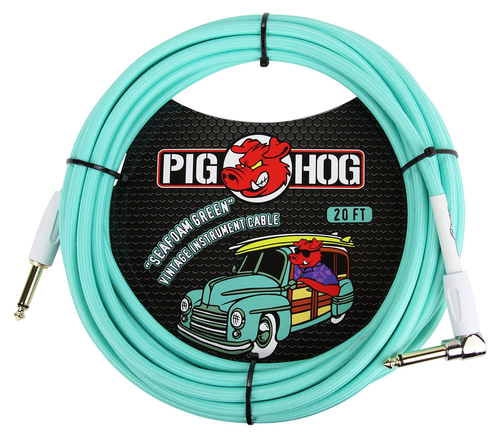 Pig Hog PCH20SGR Right-Angle 1/4" to 1/4" Seafoam Green Guitar Instrument Cable,