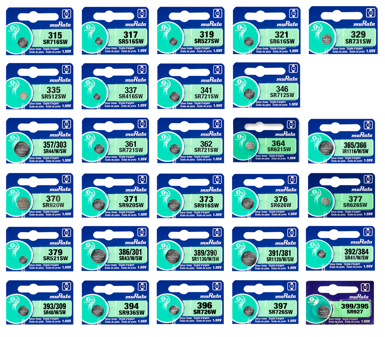 Murata SR 1.55V Silver Oxide Watch Batteries Low/High/Dual Drain (5 Batteries)