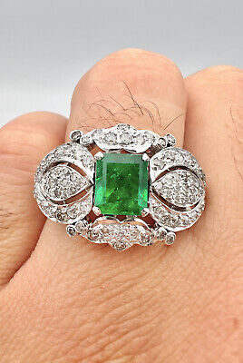 Massive Antique Art Deco 18k White Gold Emerald & Diamond Filigree Ring