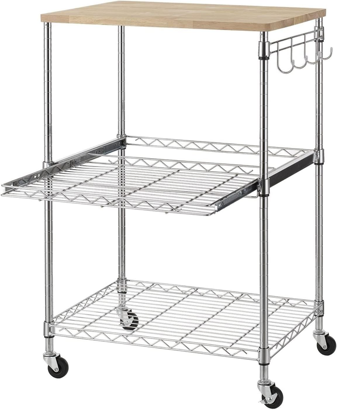 3-Tier Rolling Kitchen Cart, Microwave Cart with Oak Wood Tabletop and Drawer Sl