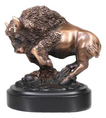 Ebros Western Charging American Bison Small Bronze Patinated Resin Statue
