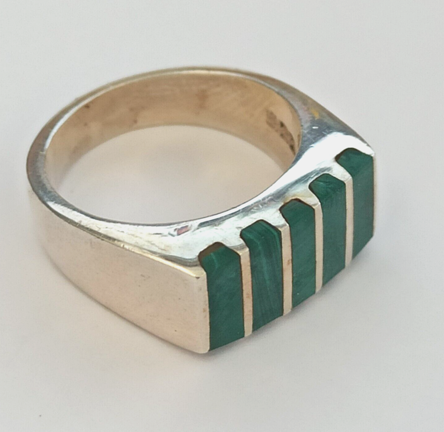 VTG Ring Silver Malachite Green Stone Men Pinky Women 70s