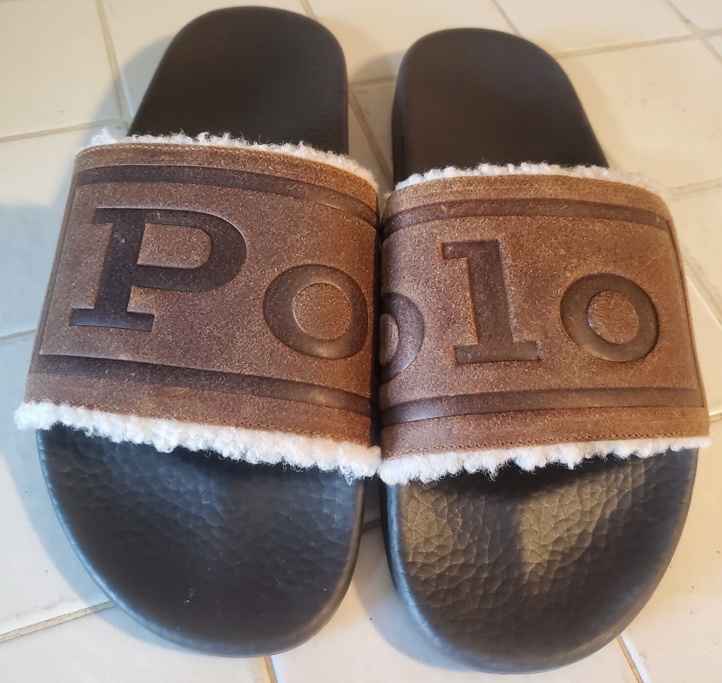 POLO RALPH LAUREN Brown Faux Fur CAYSON Slides Sandals Mens