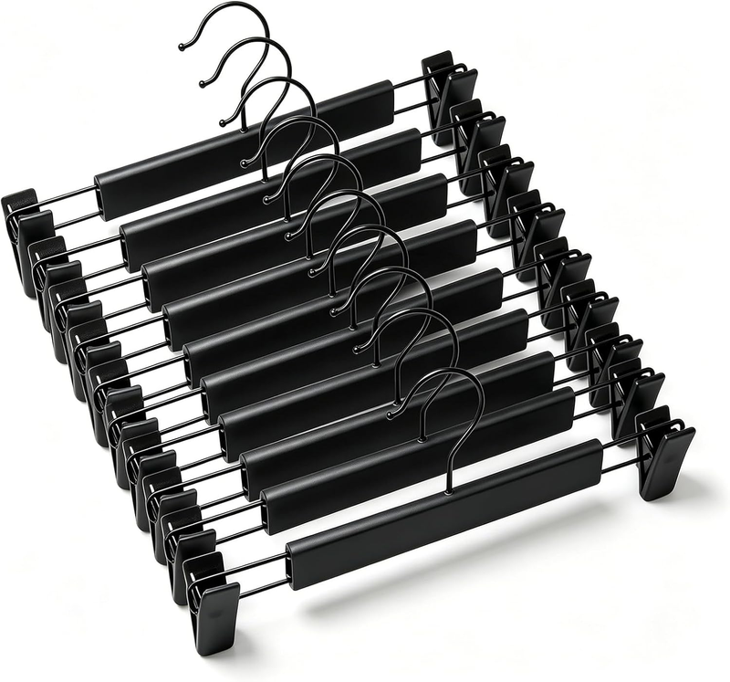 10 Pack Black Plastic Clothes Hangers with Adjustable Anti-Rust Clips, 360° Rota