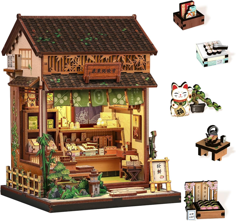 Book Nook Kit Japanese Wagashi Shop DIY 3D Wooden Puzzle w/ LE...