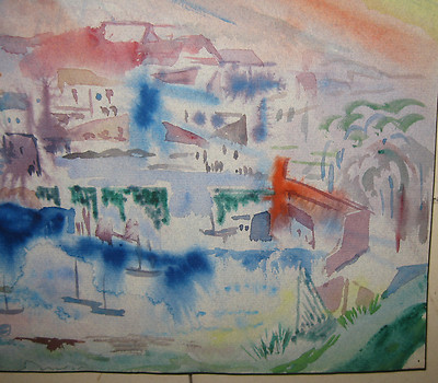 Vintage LEIGHTON CRAM 'Cubist Dissection Abstract' CITYSCAPE Painting -SUN RAYS