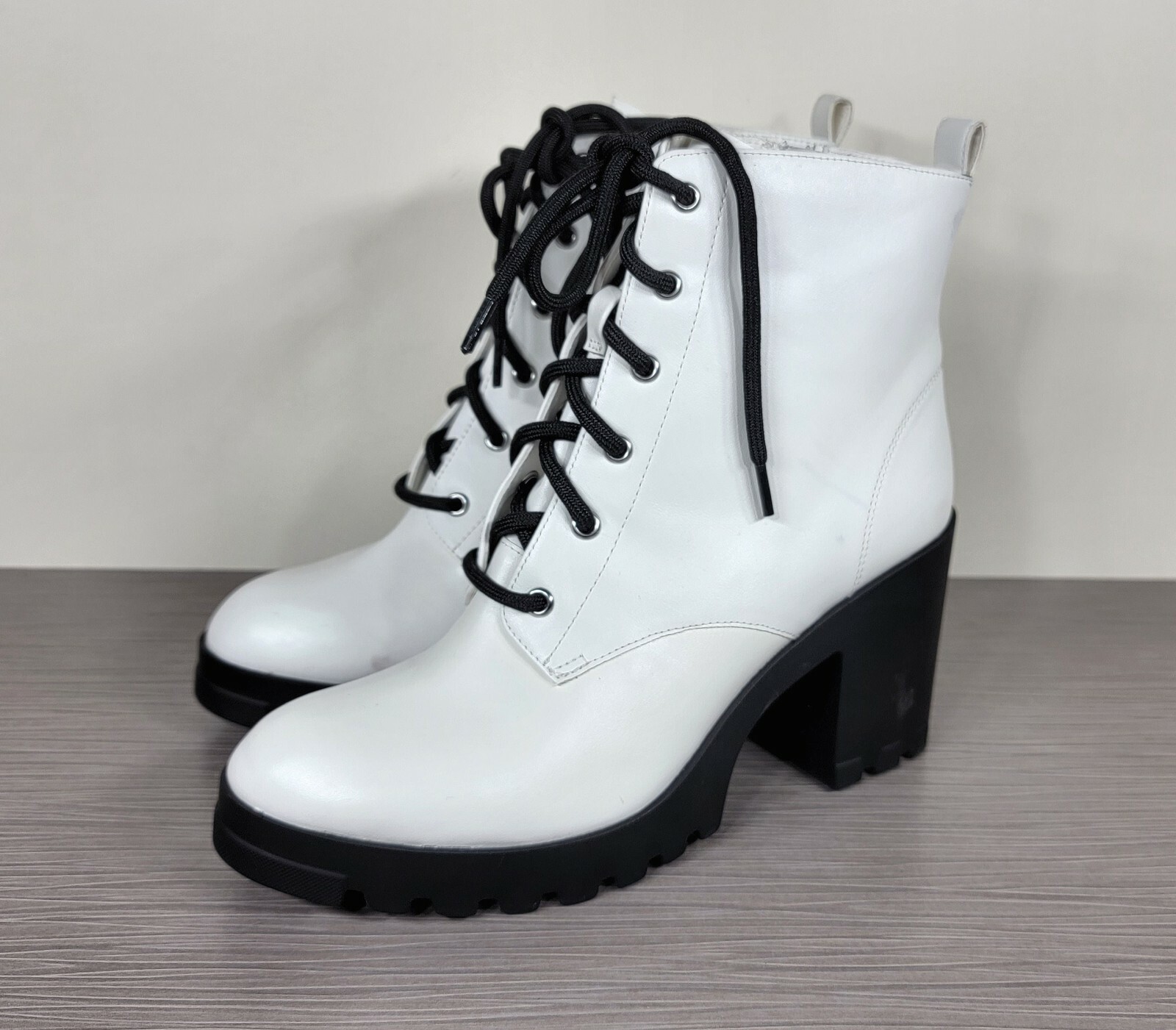 BP. Masson Bootie, White Faux Leather Black Heel, Womens Size 8 M