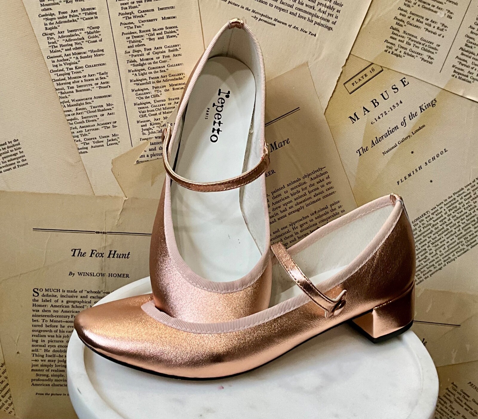 Балетки Anthropologie Repetto Mary Jane на каблуках из розового золота с металлическим отливом 39/ 7.5-8 НОВИНКА