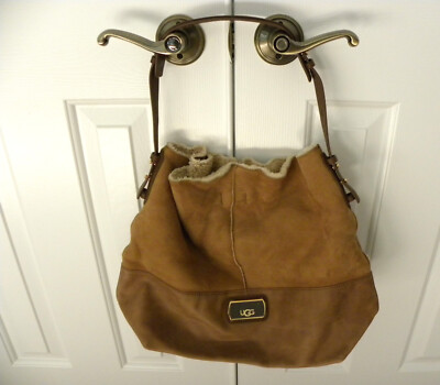 UGG Suede Shearling Tote Purse Leather Tan Large 