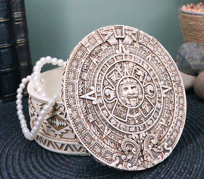 Round Mesoamerican Maya Aztec Jewelry Box Figurine 5''D Solar Calendar Sun God