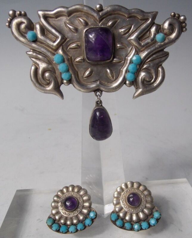 Walter Lampl Amethyst & Sterling Silver Brooch & Earrings Set Mexico Art