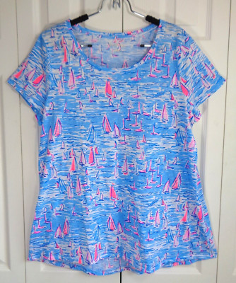 Lilly Pulitzer Women's T-Shirt L Cotton Ocean Sailing Boats Nautical Blues Pinks
