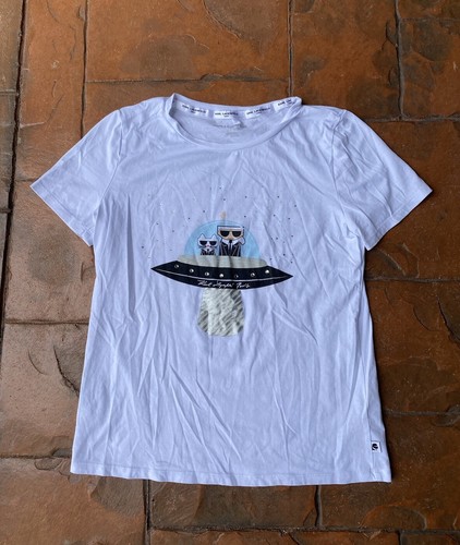 Karl Lagerfield UFO Cat T-Shirt Womens Small White