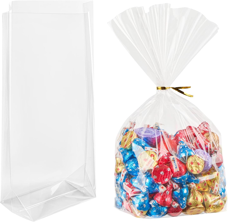 8X11X3 Inch Flat Bottom Gusset Treat Bags, 50 Pcs Clear Cellophane Gift Bags wit