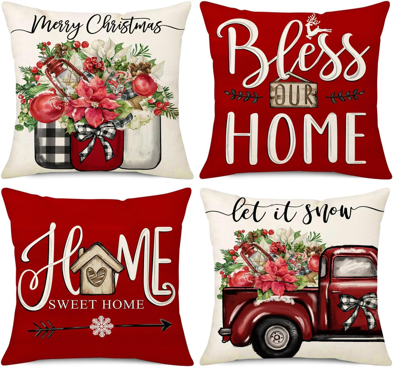 Christmas Pillow Covers 18X18 Set of 4 Red Christmas Decorations Let It Snow Tru