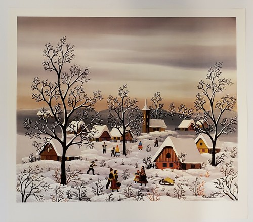KOWALSKI Folk Art of Winter Village Scene Lithograph Art | eBay