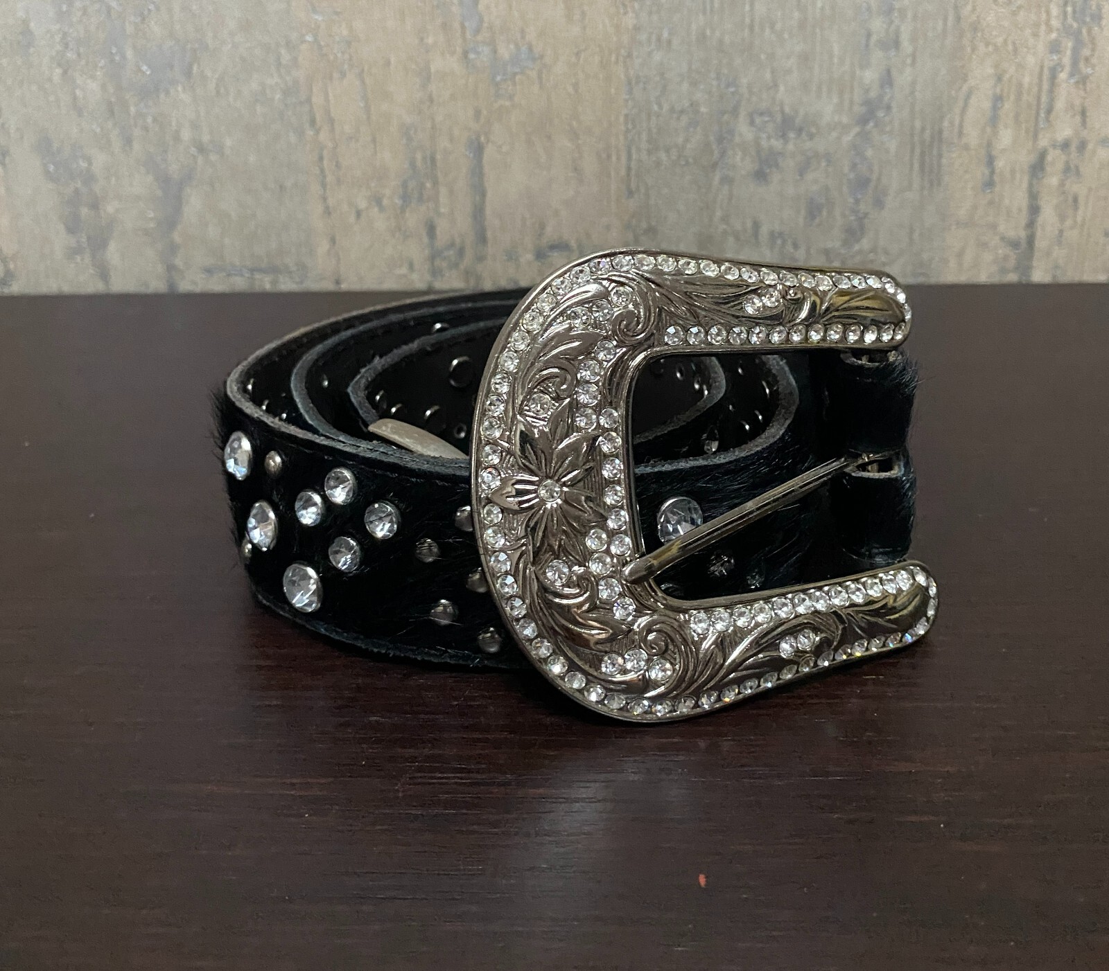 Genuine Black Leather Studded Belt with Pony Hair Size S | eBay
