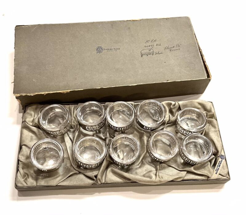 Antique Sterling Silver Salt Cellars/Glass Liners-Set of 10 Salt Cellars  