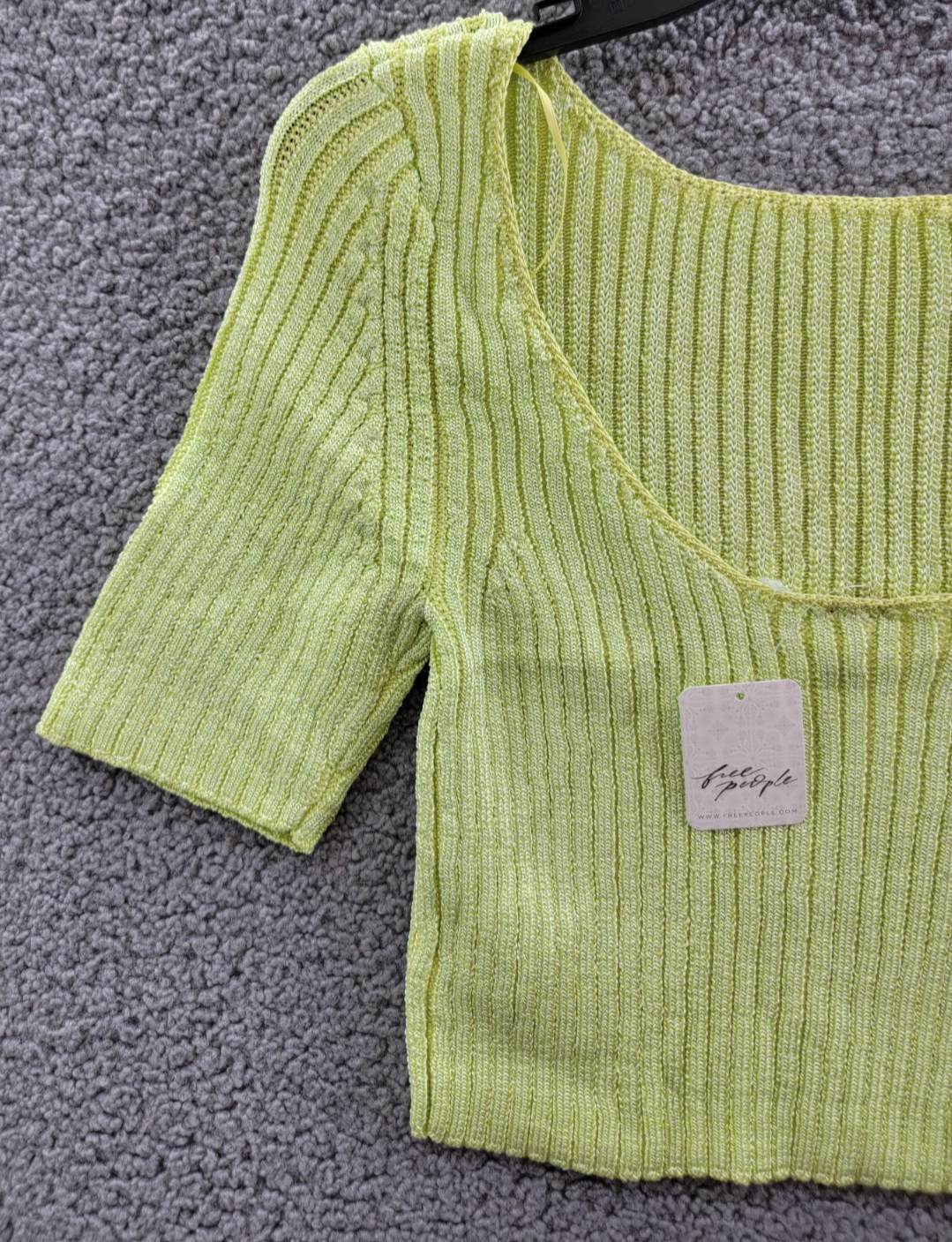 Free People Textured Short Sleeves Crop Sweater Top Women's M Sunny Lime Solid - Picture 10 of 16