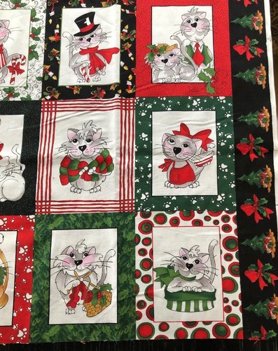 Loralei Fabric Kitty Kitty Christmas 1 Panel Santa Cat Holly Gift Baking Candy