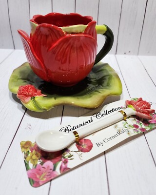 CORNER RUBY DARK RED FLOWER & FLAT GREEN LEAF TEACUP & SAUCER FLOWER SPOON NEW