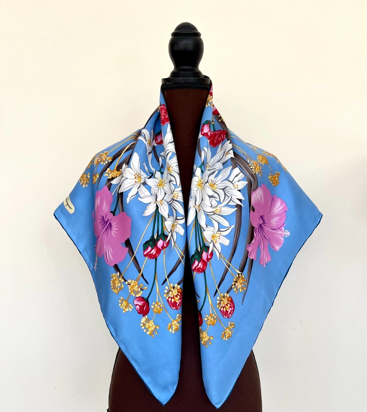 Salvatore Ferragamo Scarf Accessories Floral Garden Sky Blue
