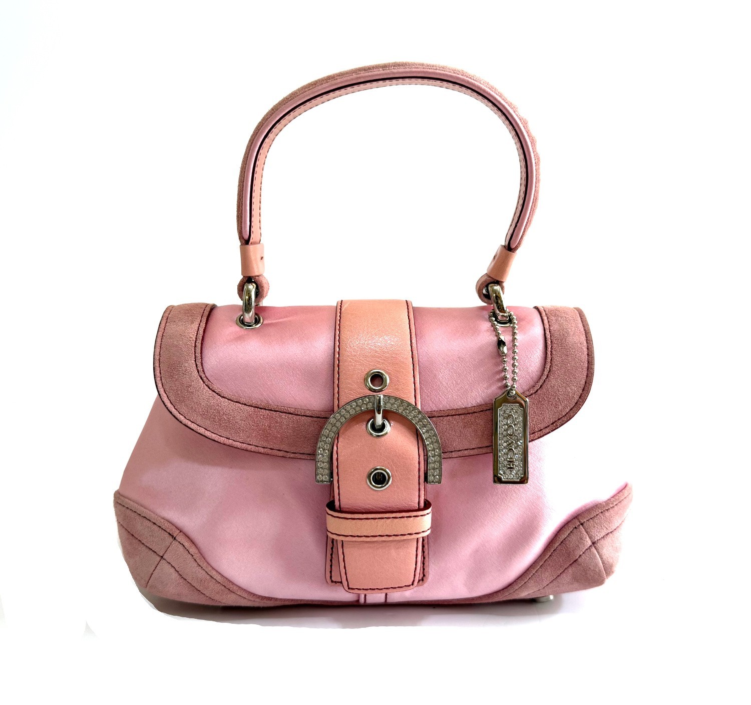 バッグ Coach Pink Leather Emb Train Case Rare NEW Coach Mini Pink Satin Suede Leather Top Handle Evening