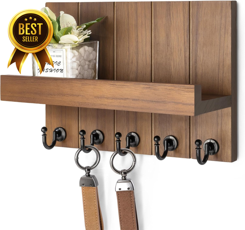 Key Holder Wall Mount with 5 Key Hooks for Home Decor, Brown