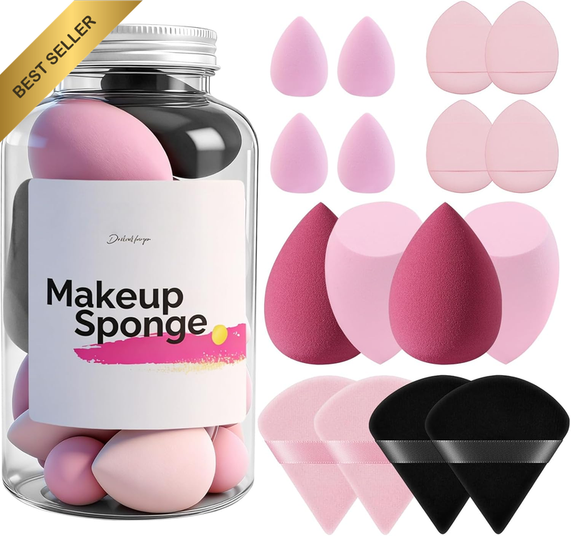 16PCS Pink Makeup Sponge Set with Beauty Blender Sponge, Triangle Puffs, Finger