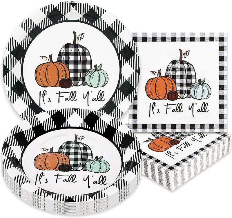 48Pcs Fall Tableware Set Black White Plaid Pumpkin Disposable Dinnerware Set