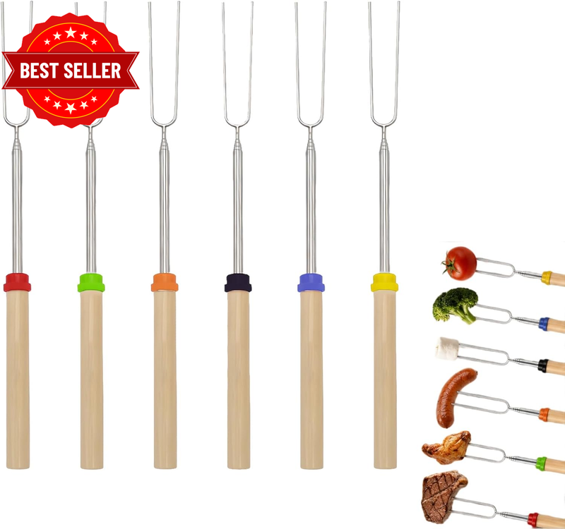 6 Pcs Marshmallow Roasting Sticks Set with Wooden Handles - 32 Inch Extendable B