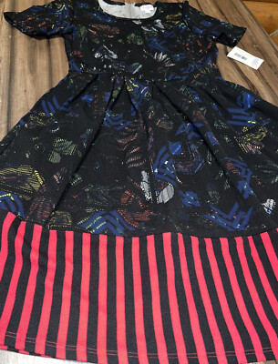 Lularoe Large Amelia Pleated Dress   L 14-16 Blue Floral Red Stripes Dip New