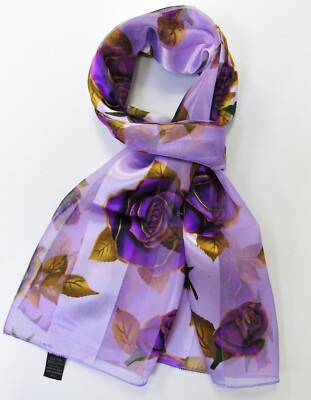 Silk Feel Scarf Purple Floral Flower Rose Print Scarf #9154