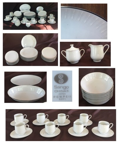 VINTAGE Sango China Dinnerware POMPEII #6205 White Diamonds on White 52-PC Set