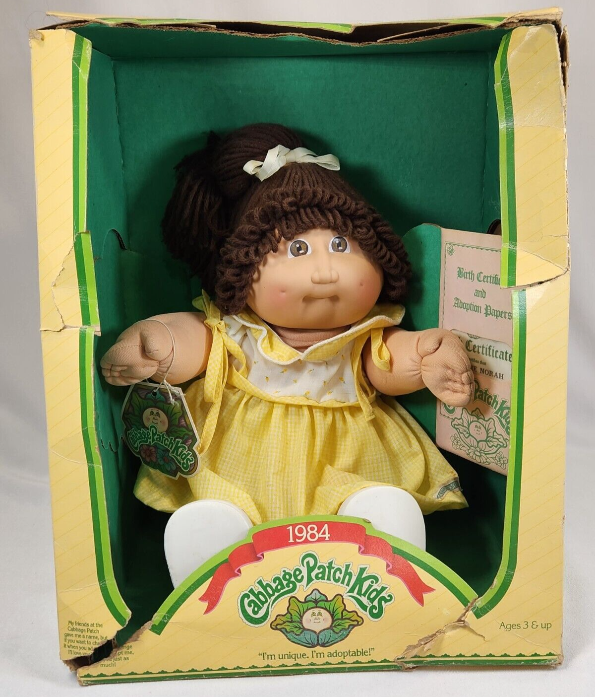 NIB Vintage Cabbage Patch Kids 1984 Angeline Norah Brown Eyes Hair Head 2 Coleco