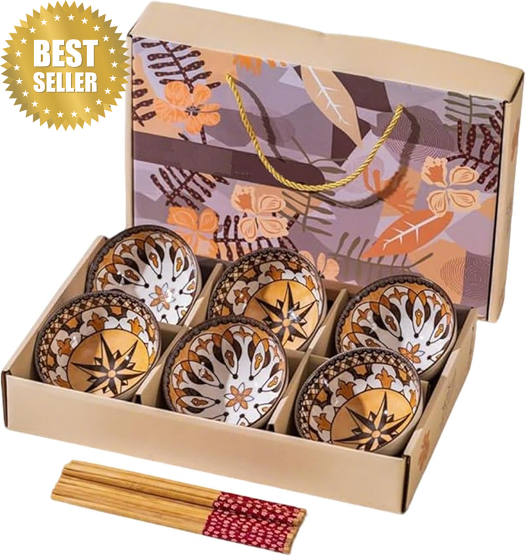 6Pcs Ceramic Bowl and Chopstick Set，Cute Small Bowls for Rice, Soup, Salad, Frui
