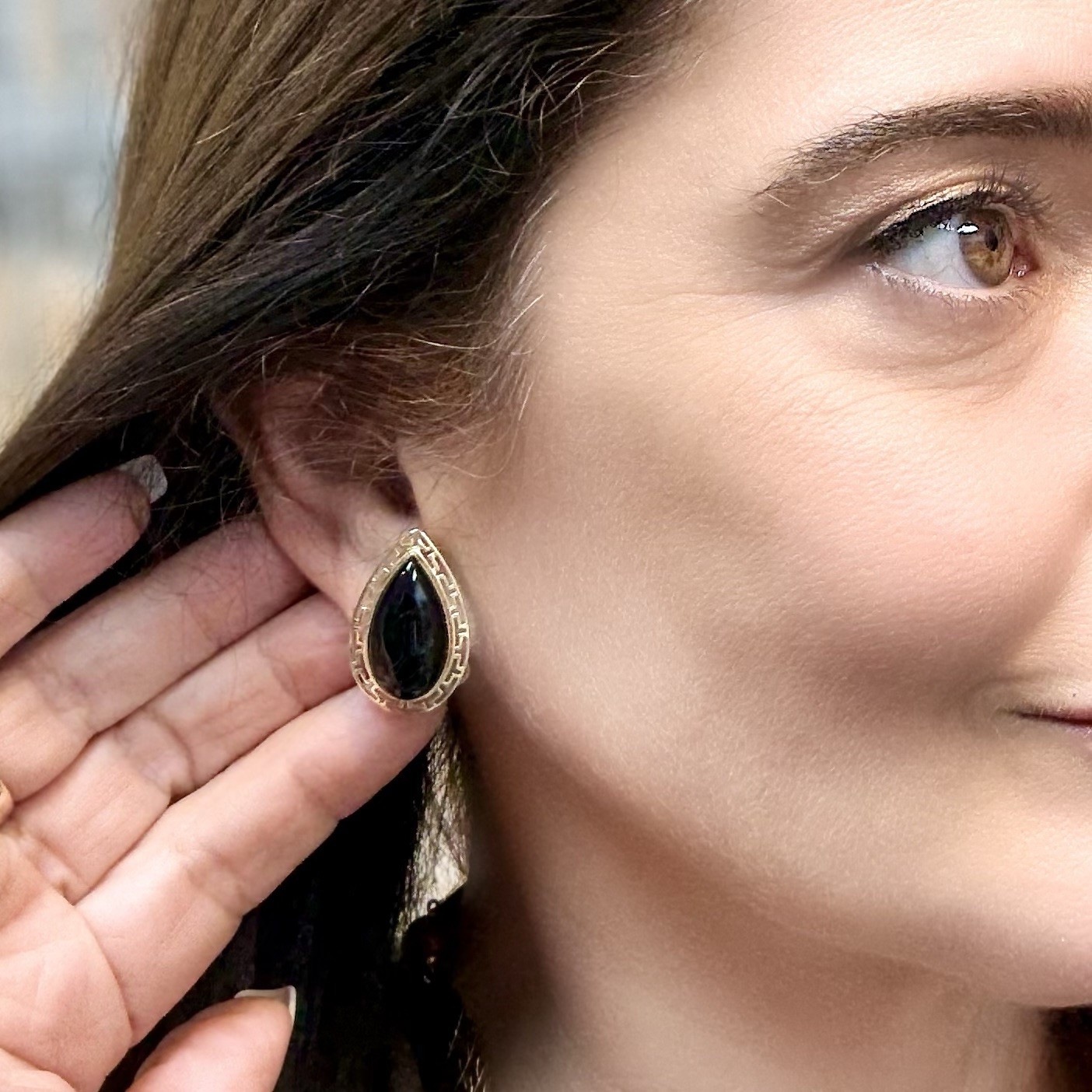 14k Yellow Gold Black Onyx Omega Back Earrings, Preowned - Picture 2 of 12