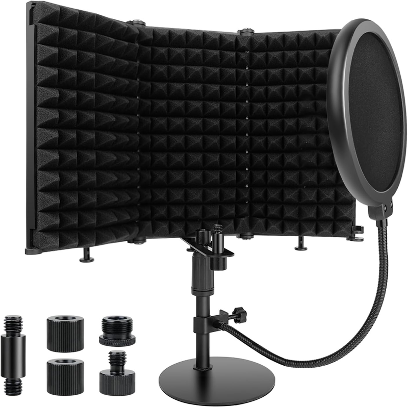 Microphone Isolation Shield with Pop Filter and Mic Stand, Sound Proof Mic Isolation Shield, High Density Absorbent Foam Microphone Stand for Recording Studio Vocal Booth Equipment (3 Panels)