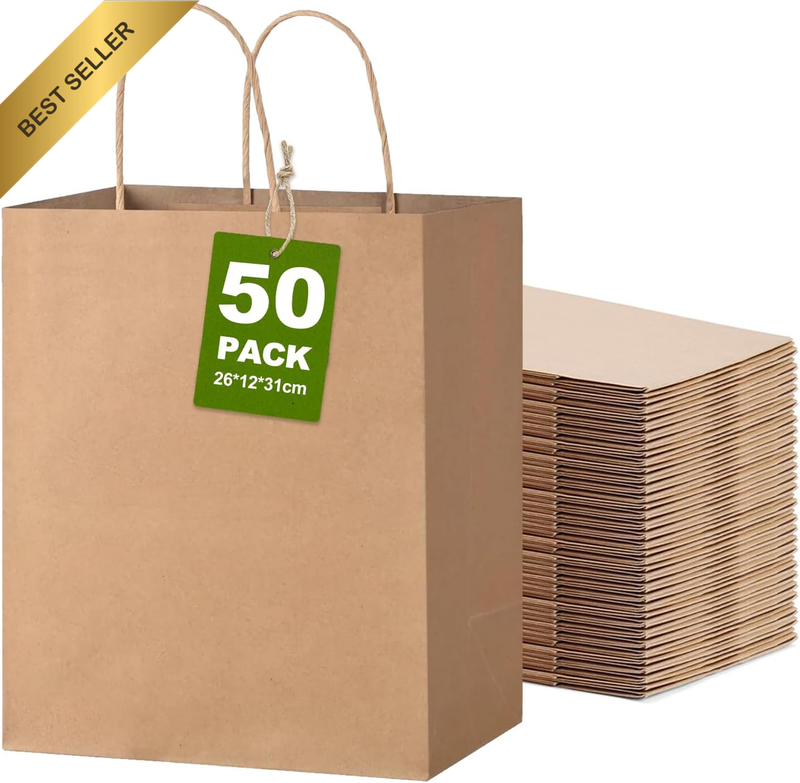 50 Pcs Brown Kraft Paper Bags with Handles 26X12X31Cm | Bulk Gift Bags Reusable
