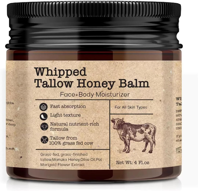 Beef Tallow Moisturiser, 4Fl/118G Beef Tallow and Honey Balm for Face and Body,