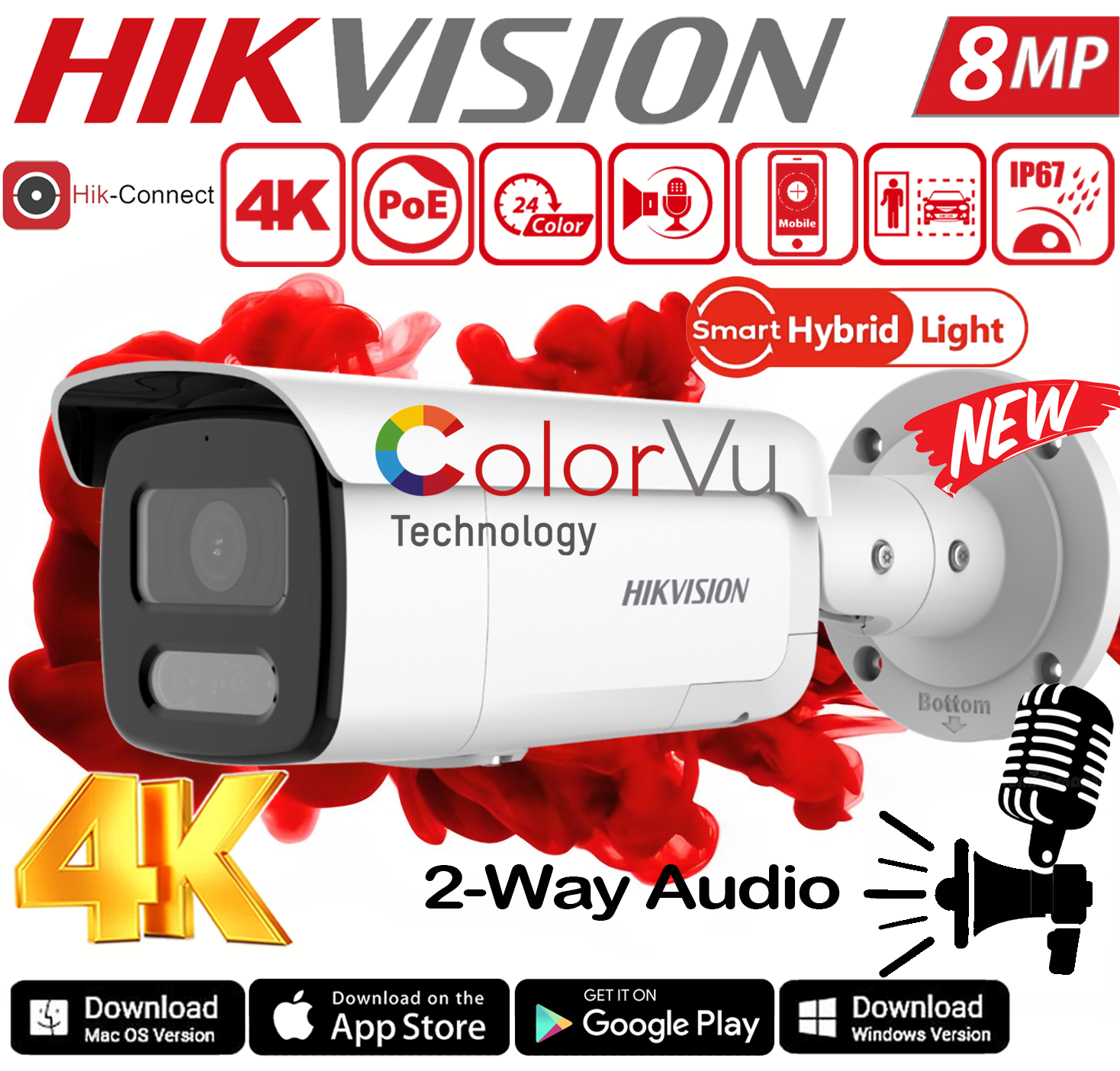 Hikvision 8MP 4K ColorVu Bullet IP PoE Camera Smart Hybrid Light Two Way Audio