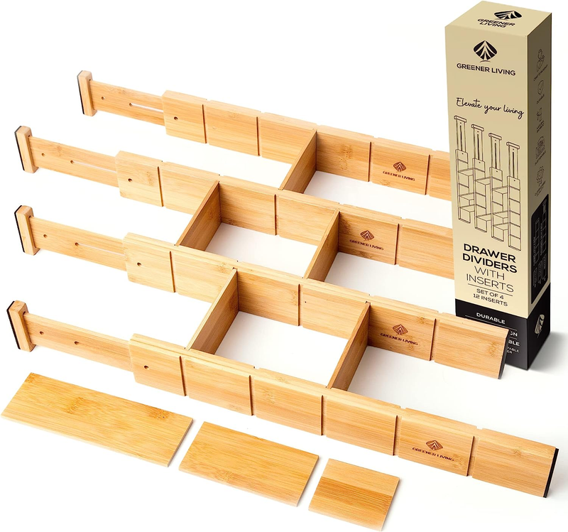 Bamboo Drawer Dividers - Cutlery Drawer Organizer with 12 Inserts, Utensil Drawe
