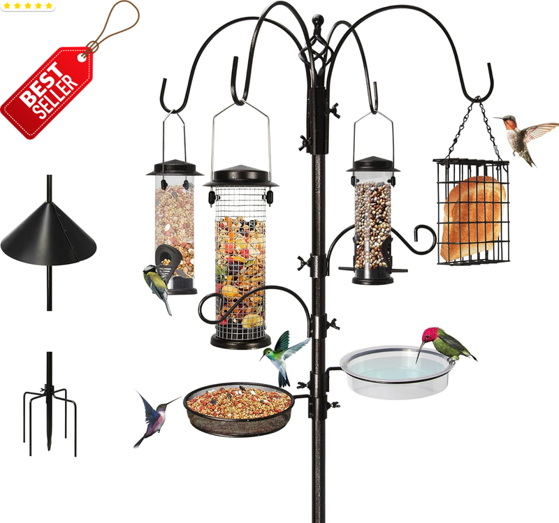 Bird Feeding Station 6 Hook 94in Steel Multi Feeder Stand Bath Tray Baffle US