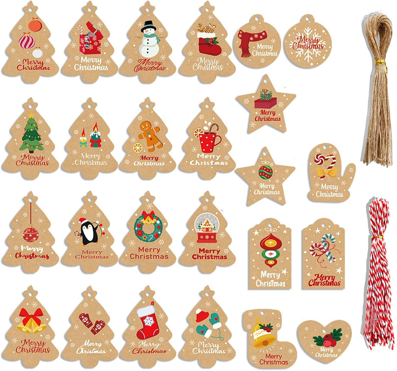 Christmas Kraft Paper Gift Tags, 100 Pieces, Present Hang Labels with Twine for 