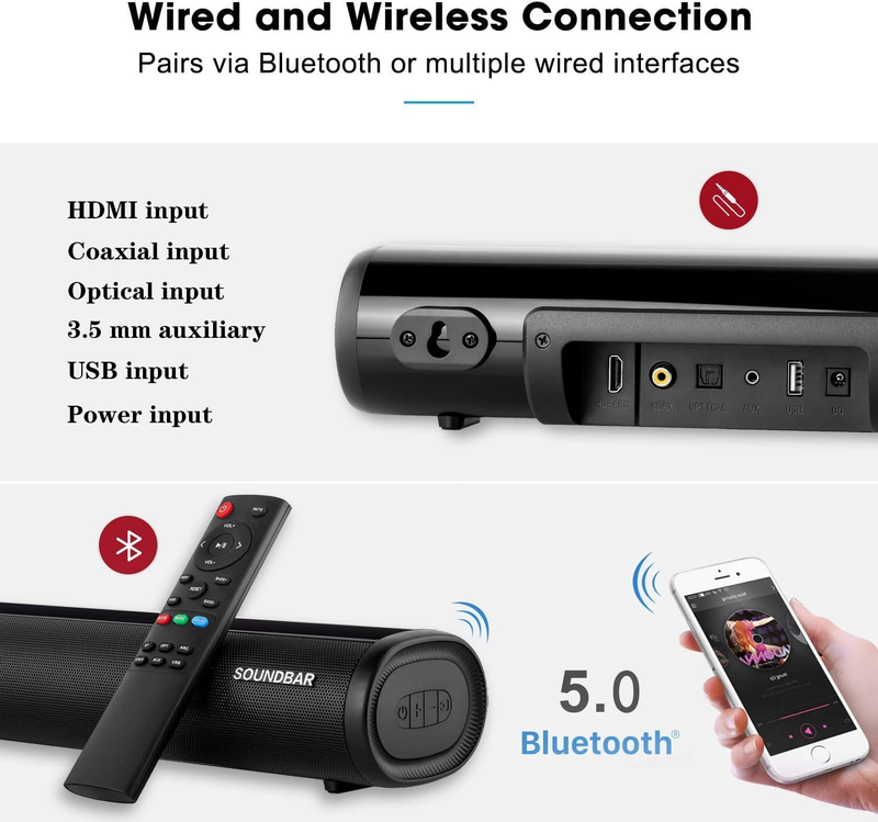 Sound Bar, 2.0 Channel Sound Bar for TV, 3 Equalizer Modes, 30 W Wireless Blueto