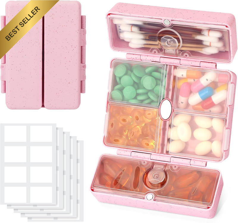 Daily Pill Organiser, 6 Compartments Portable Pill Case with Labels, [Folding De