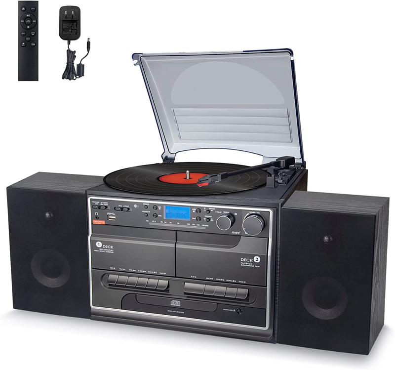 Hi-Fi Stereo Bluetooth Vinyl Record Player, All-In-One Turntable Stereo CD Playe