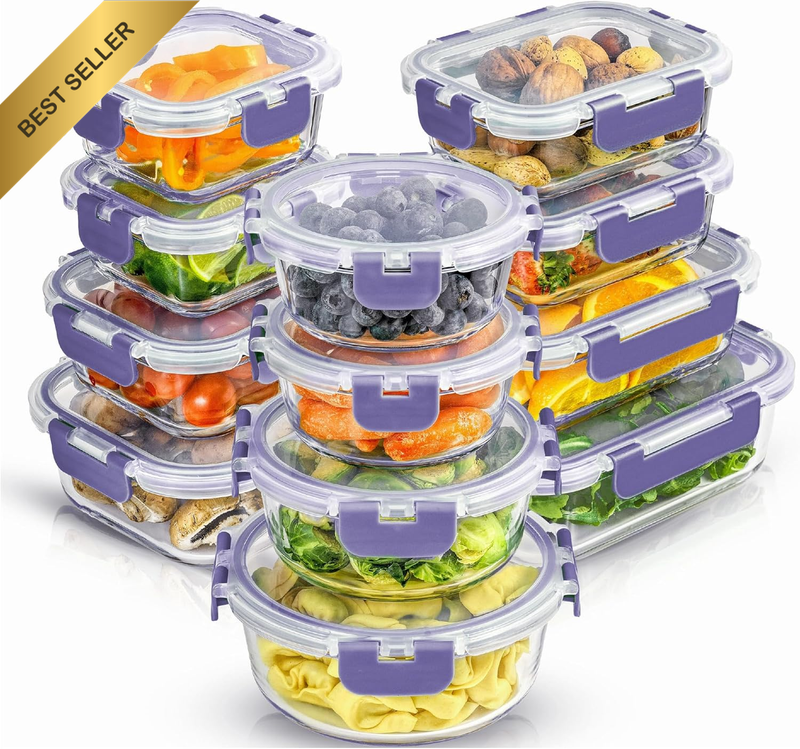 24Pc Borosilicate Glass Storage Containers with Lids. 12 Airtight, Freezer Safe